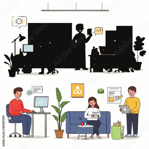 Diverse team members collaborate and work efficiently in a modern, bright office environment, fostering productivity and innovation.