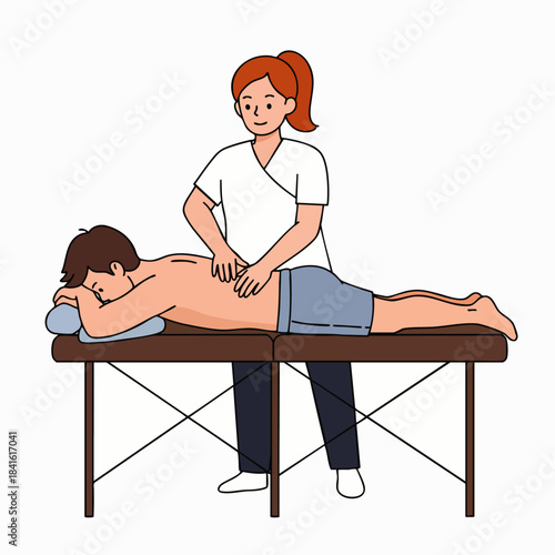 A professional therapist gives a relaxing back massage to a man lying on a massage table in a calm, soothing environment.