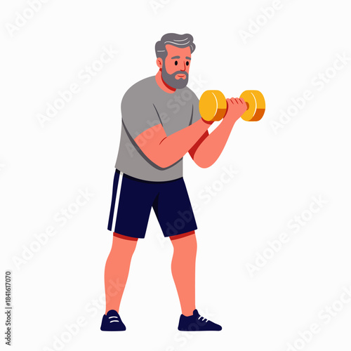 Active senior man with gray hair and beard performs bicep curls with dumbbells for strength training.