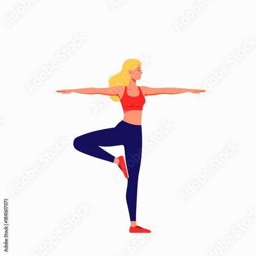 A fit blonde woman in athletic wear practices a balancing yoga pose on a white background, promoting wellness and healthy living.