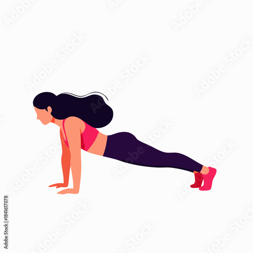 A fit woman with dark hair performs a plank exercise, strengthening her core muscles in a healthy lifestyle activity.