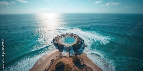 Fototapeta Naklejka Na Ścianę i Meble -  Bird's-eye perspective of Mona Vale rock pool with crashing wave, ocean setting, ideal for aquatic-themed backgrounds, Australia