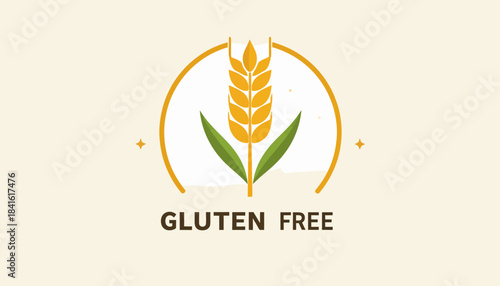 A minimalist gluten-free logo featuring a golden wheat stalk with green leaves inside a circular frame on a light background.