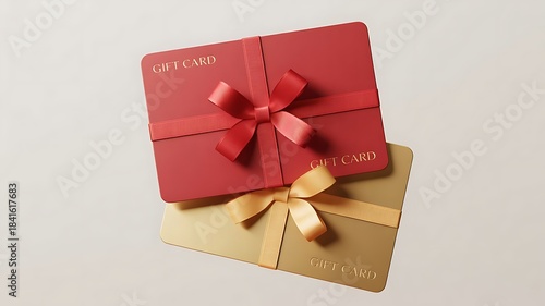 Two elegantly wrapped gift cards, one red and one gold, tied with matching satin ribbons against a neutral background
