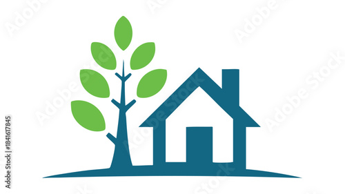A simple logo showing a house and a tree symbolizing eco-friendly living and real estate