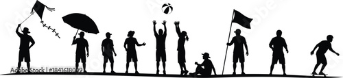 Silhouette children and teens playing outdoors with kite, umbrella, beach ball, flag, and skateboard in active recreational summer scene