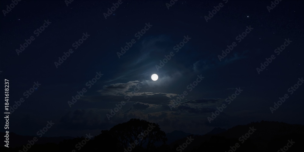 Fototapeta premium Moon shining in the dark night sky over a rural landscape, nocturnal illumination