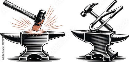 Two blacksmith anvils with hammer, tongs, tools, vintage engraved sketch, forging, metalwork vector illustration