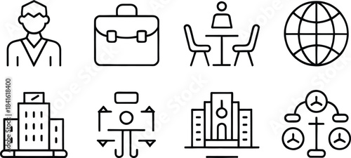 Business and Corporate Icons – Office Management, Leadership, Global Network, Organization Structure, Company Building Line Style Vector Set