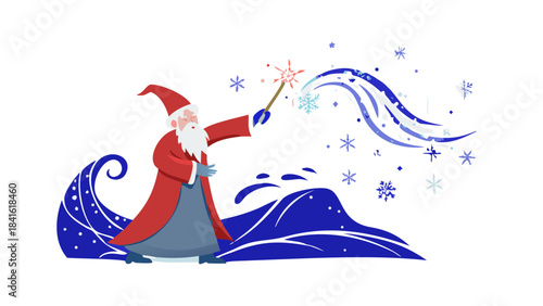An old wise Christmas wizard casting magical snow spells from a glowing red staff, swirling winter winds and sparkling magic.