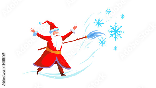 An old wise Christmas wizard casting magical snow spells from a glowing red staff, swirling winter winds and sparkling magic.