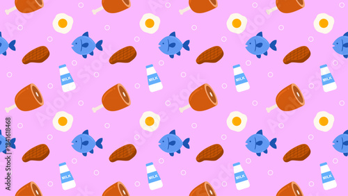 A playful protein-rich food pattern featuring fish, ham, steak, milk bottles, and fried eggs arranged on a pink background, suitable for nutrition themes