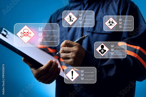 MSDS material safety data sheet concept with safety staff holding clipboard to check a chemical and safety information to manage dangerous substance on hazard works
