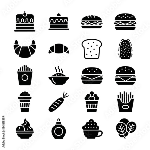 food silhouette editable icon set. Containing cake, sandwitch, bakery food, fast food, and more. Editable stroke. Vector illustration
