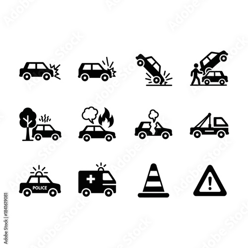 Car accident silhouette Editable Icon set. Editable Fill. Vector illustration