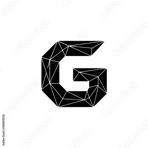 A striking black and white geometric design of the uppercase letter g, featuring a low-poly style isolated on transparent background