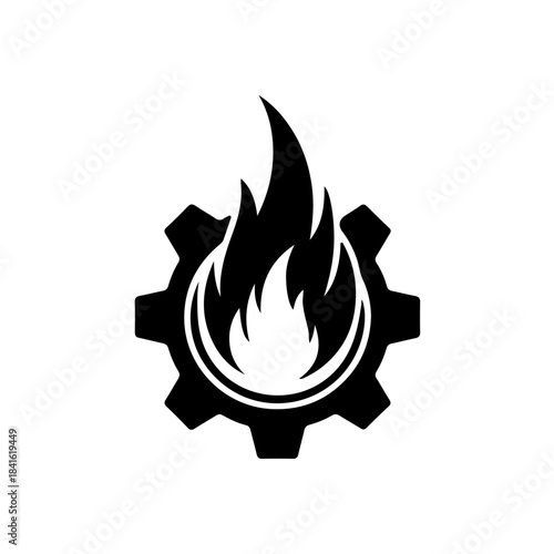 A striking black and white minimalist icon featuring a flame burning inside a gear isolated on transparent background