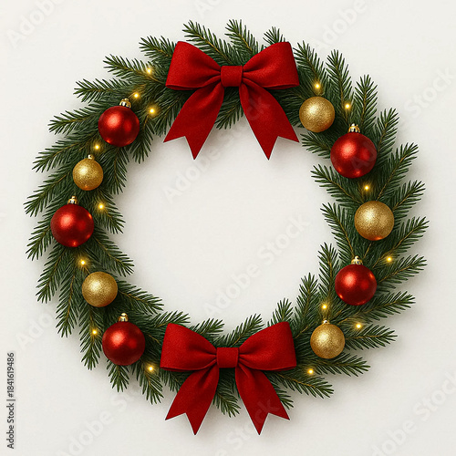 Christmas wreath decorated with red bows, gold and red ornaments, and small lights