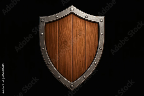 Wooden medieval shield with metal frame on black background