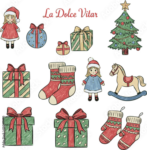 Vintage chalk Christmas set. Hand drawn retro new year decor, Christmas tree, toys, gift, socks, mittens in crayon style. Vector La dolce vita whimsical drawing for menus and invitations on white back