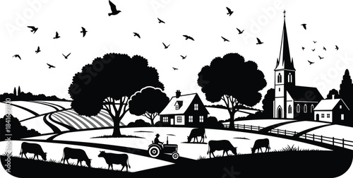 Silhouette countryside farm village with cows grazing, tractor working, church, houses, large trees, flying birds, and peaceful rural landscape scenery
