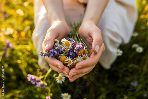 Hands holding wildflowers in a sunny meadow for nature and summer concepts