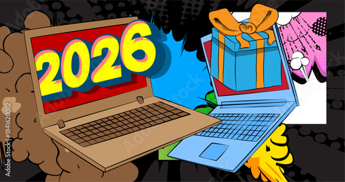 Cartoon Laptop, comic book Notebook with Gift Box and number 2026. Retro vector comics pop art design.