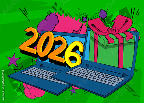 Cartoon Laptop, comic book Notebook with Gift Box and number 2026. Retro vector comics pop art design.