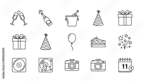 Collection of hand-drawn party and celebration icons in a doodle style.