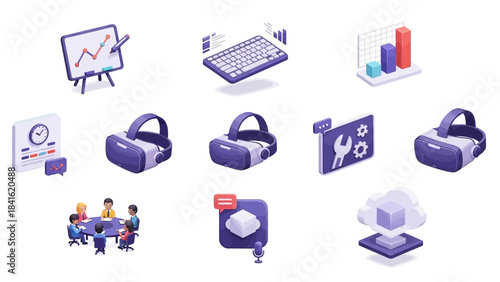 Collection of isometric icons representing business, technology, and virtual reality concepts.