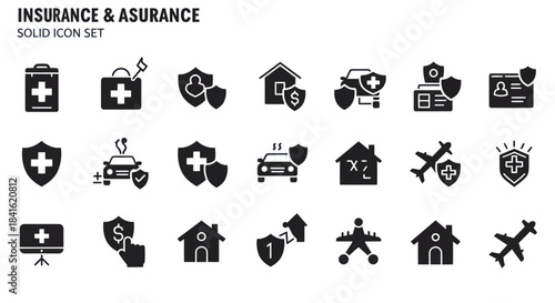 Set of 18 black solid icons related to insurance and assurance across three rows