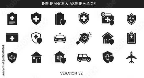Set of black and white insurance and assurance icons in three rows