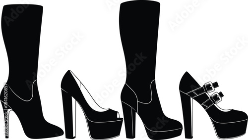High Heel Footwear Collection Vector Illustration, Black Silhouettes of Fashionable Women's Boots and Platform Stiletto Pumps, Elegant and Modern Female Shoe Design Set