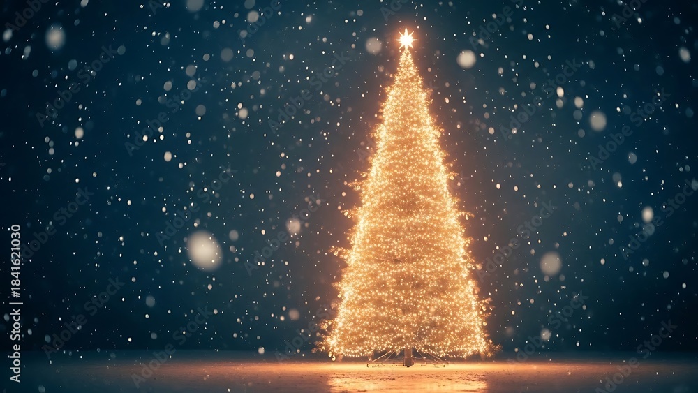 Naklejka premium A brightly lit christmas tree stands tall amidst a gentle snowfall on a dark night