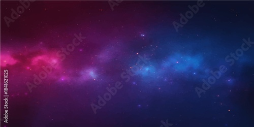 Abstract purple light background with bright glowing stars in a dark cosmos sky