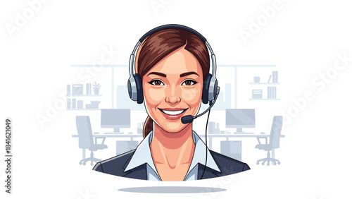 Smiling customer service agent wearing a headset in a blurred office