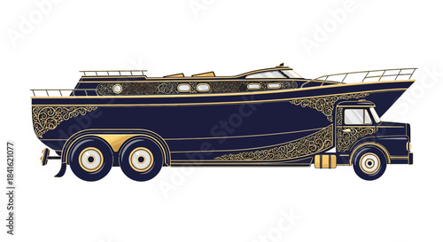 Surreal vehicle illustration combining luxury yacht and classic truck with golden details
