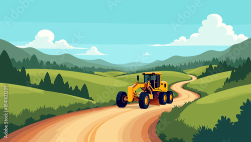 Yellow motor grader on winding rural dirt road in mountain landscape