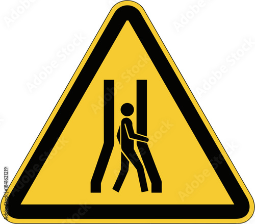 Narrow passage warning sign with figure between obstacles on bright yellow background, safety alert concept