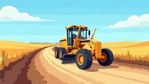 Yellow motor grader on winding rural dirt road in golden fields