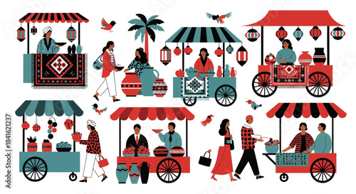 Vibrant illustrated marketplace with diverse vendors and shoppers in flat design style