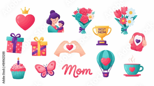 Collection of Mom themed icons and illustrations celebrating motherhood.