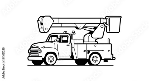 Vintage bucket truck illustration, black outline drawing with hydraulic arm technology and