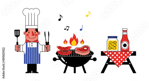Whimsical barbecue celebration illustration featuring a chef grilling meats and musical notes above