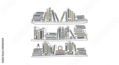 Whimsical bookshelf drawing with books, minimal plant and clock providing a charming atmosphere