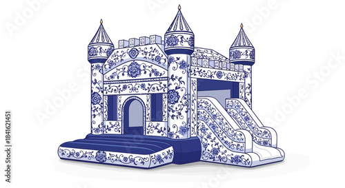 Whimsical bouncy castle adorned with delicate floral patterns in classic blue and white style