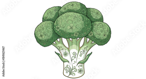 Whimsical broccoli floret adorned with intricate floral and foliage ornamental patterns