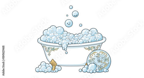 Whimsical bubble bath illustration with smiling bubbles and ornate tub decoration