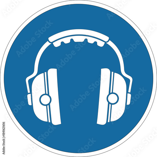 Hearing protection headphones required sign with a blue background
