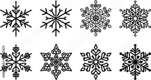 A vector collection of intricate, black outline snowflakes featuring various unique geometric shapes and swirling designs, perfect for winter, Christmas